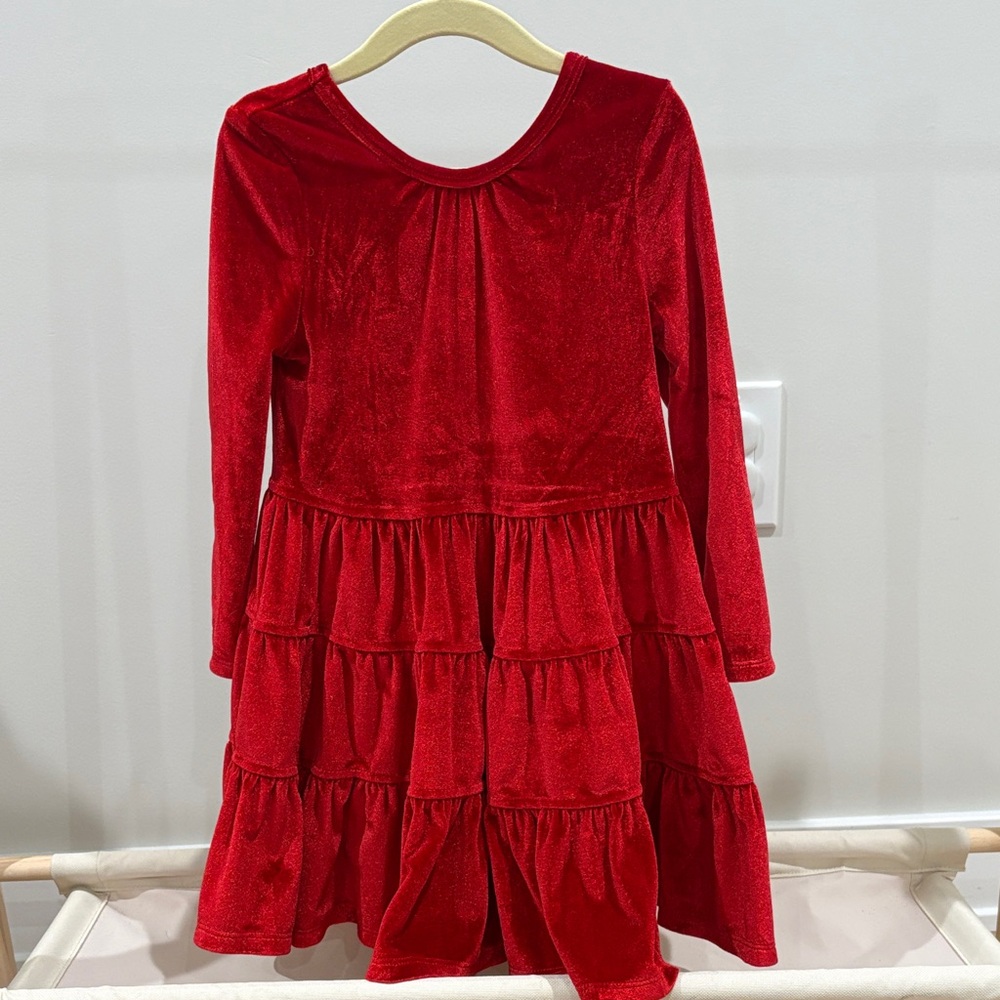 Pink Chicken Red Velvet Tiered Dress with tartan bows on back
